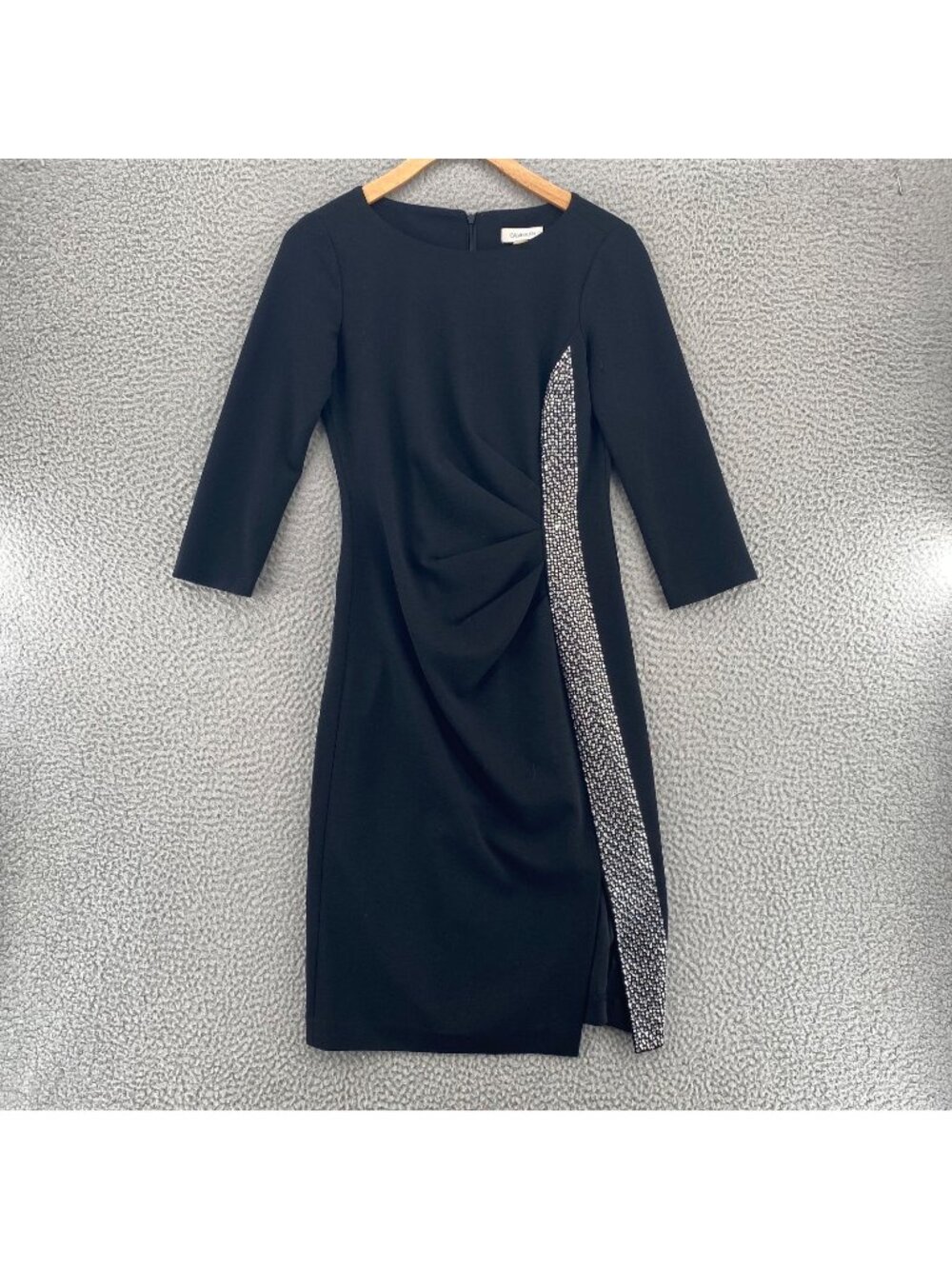 Calvin Klein Dress Womens 2 Black Sheath Sunburst Pleats Rhinestones 3/4 Sleeves